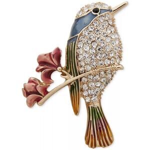 Anne Klein Gold-Tone Multi Crystal Bird on Branch Pin | NWT